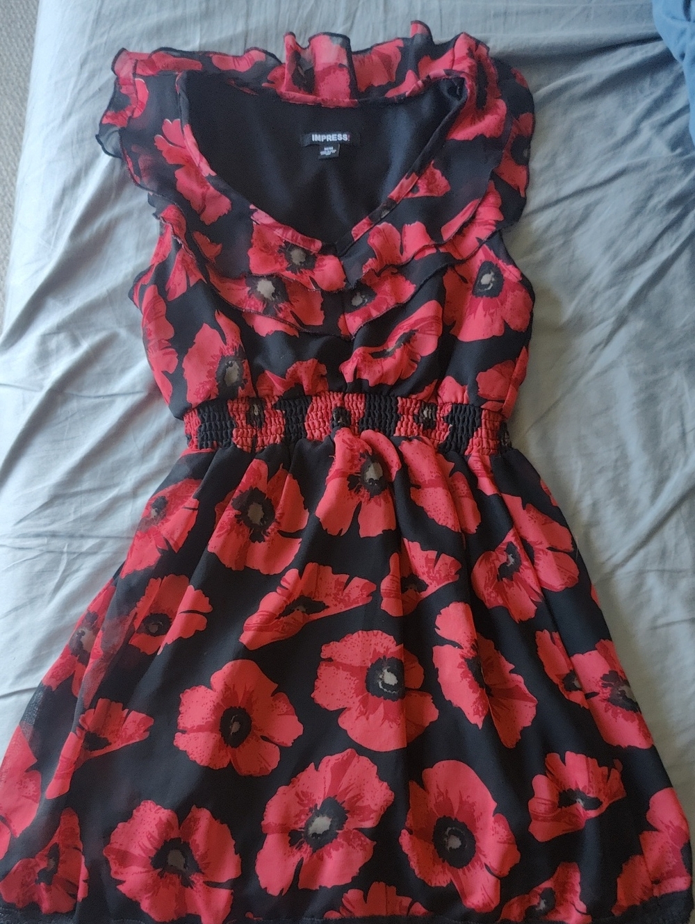 imPRESS Black Mini Dress with Red Floral Ruffle Neck